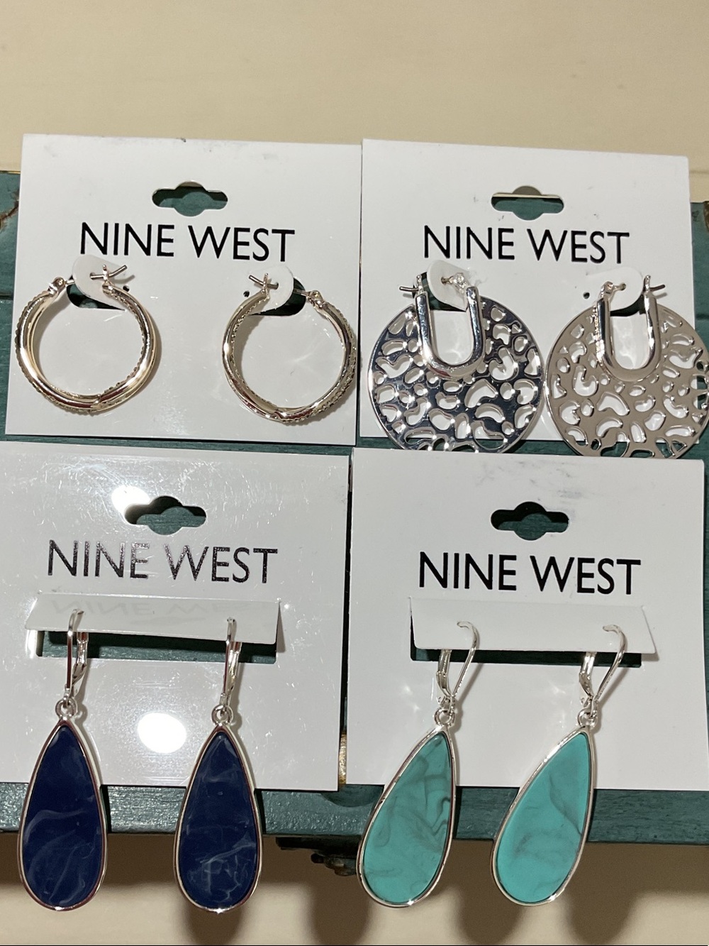 Nine West Silver, Navy and Teal Dangle & Hoop Earring Set